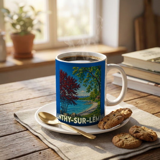 Mug souvenir de la ville d'Anthy-sur-Léman avec une illustration stylisée des bords du lac.