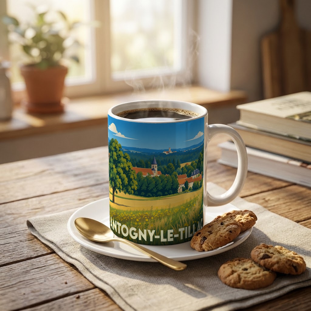 Mug souvenir de la ville d'Antogny-le-Tillac avec une illustration stylisée d'un paysage champêtre.