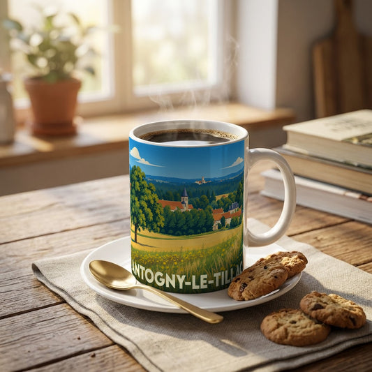 Mug souvenir de la ville d'Antogny-le-Tillac avec une illustration stylisée d'un paysage champêtre.