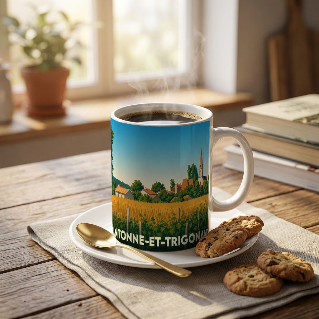 Mug souvenir de la commune d'Antonne-et-Trigonant orné d'une illustration stylisée de son paysage rural.