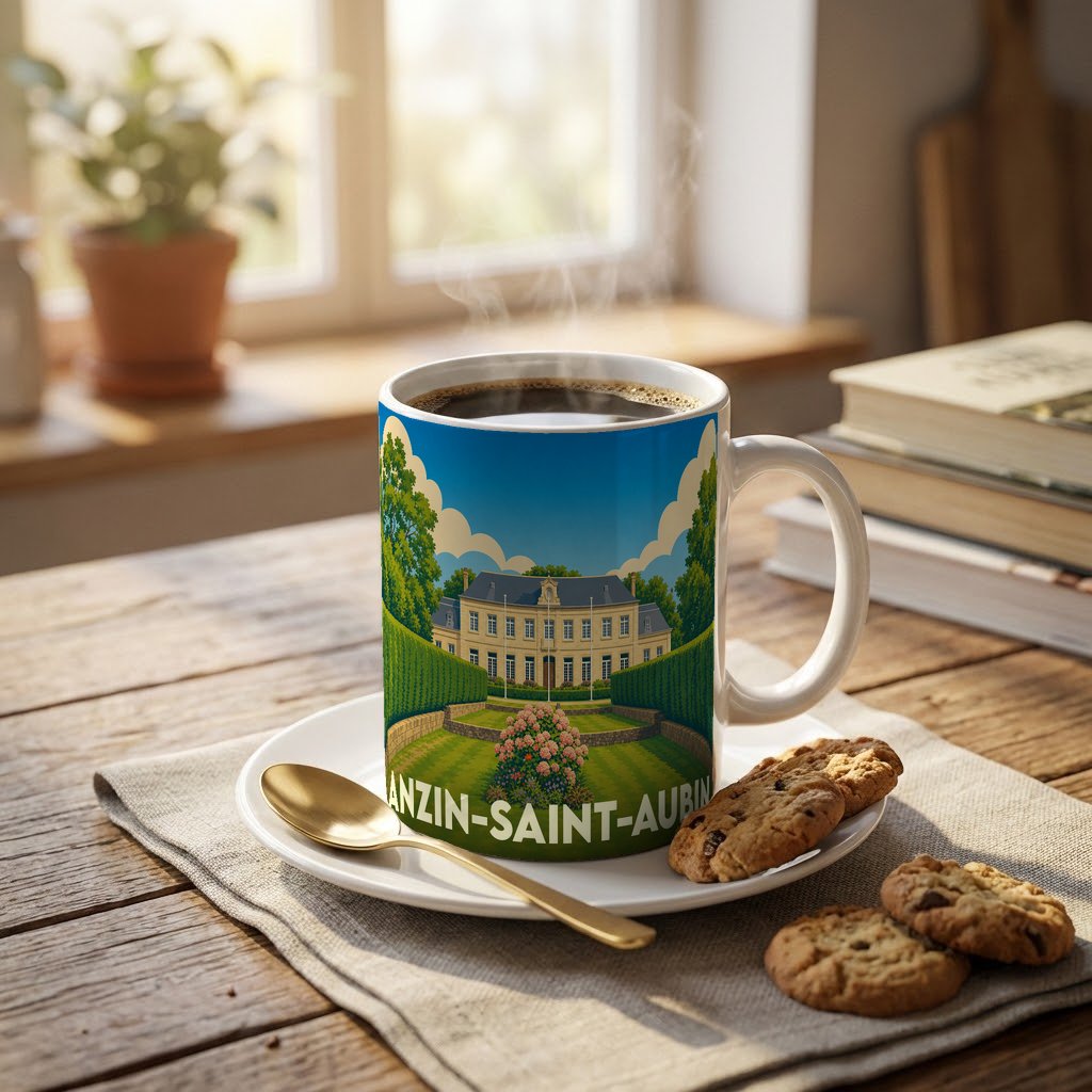 Mug souvenir de la ville de Anzin-Saint-Aubin avec une illustration stylisée d'un château.