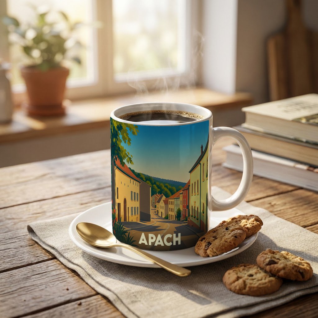 Mug souvenir de la ville de Apach avec une illustration stylisée d'une rue pittoresque.