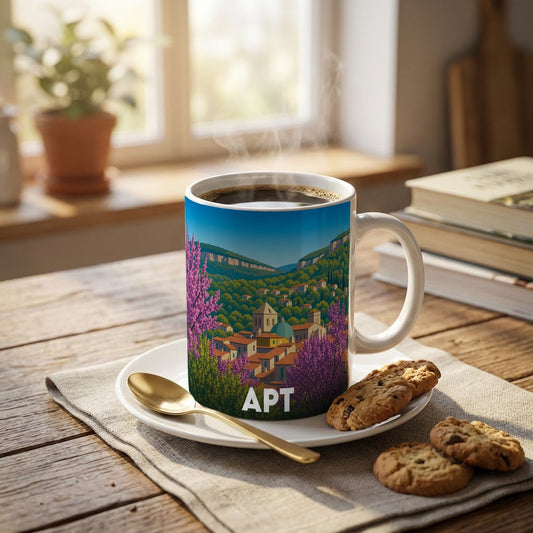 Mug souvenir de la ville d'Apt avec une illustration stylisée d'un paysage provençal.