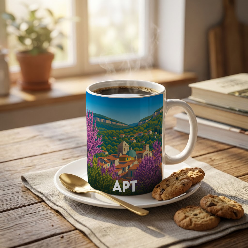 Mug souvenir de la ville d'Apt avec une illustration stylisée d'un paysage provençal.