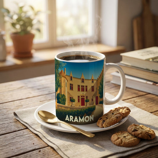 Mug souvenir de la ville d'Aramon orné d'une illustration stylisée de son château.