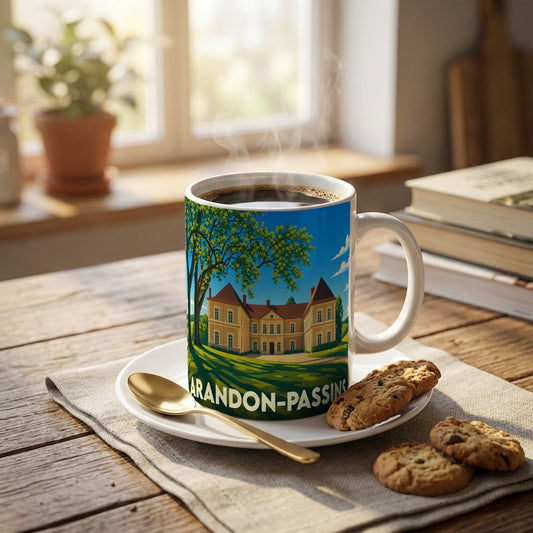 Mug souvenir de la commune d'Arandon-Passins orné d'une illustration stylisée de château.
