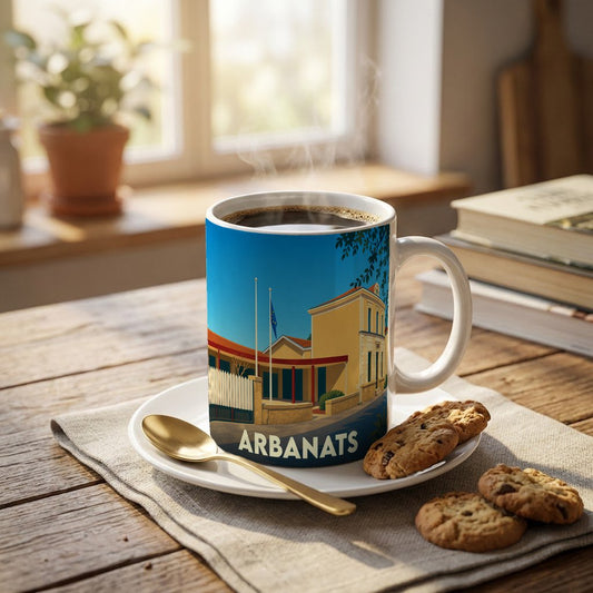 Mug souvenir de la ville d'Arbanats avec une illustration stylisée d'un bâtiment emblématique.