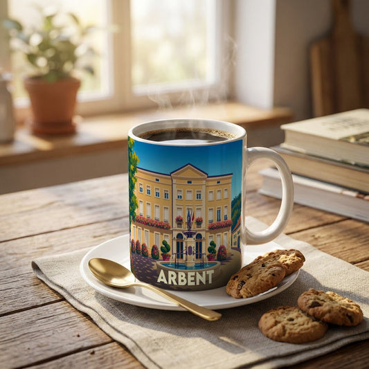 Mug souvenir de la ville d'Arbent orné d'une illustration stylisée de son hôtel de ville.