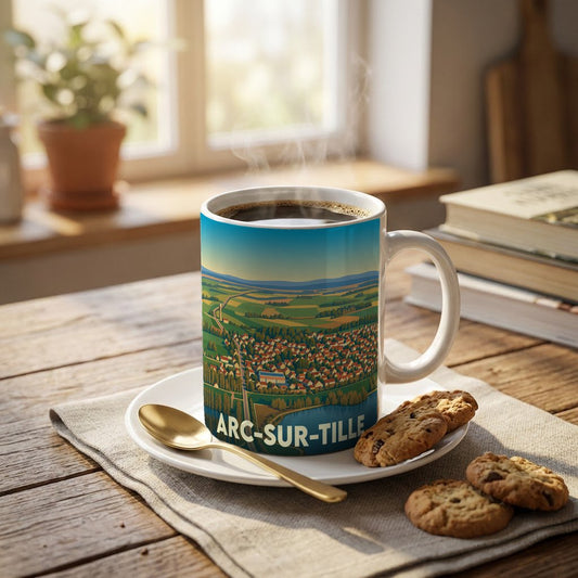 Mug souvenir de la ville d'Arc-sur-Tille orné d'une illustration panoramique colorée.
