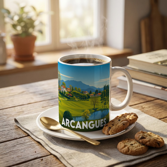 Mug souvenir de la ville d'Arcangues avec une illustration de paysage stylisée.