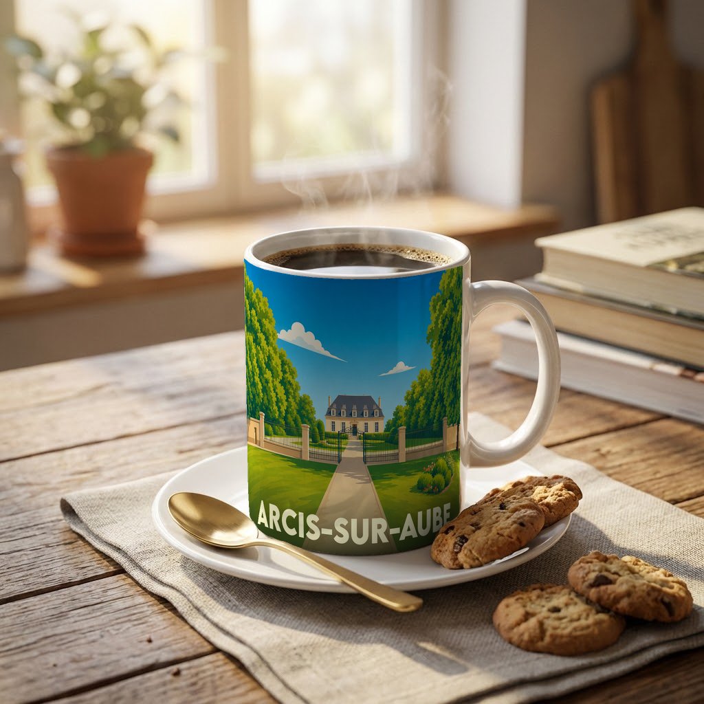 Mug souvenir de la ville d'Arcis-sur-Aube avec une illustration stylisée d'un château entouré de verdure.