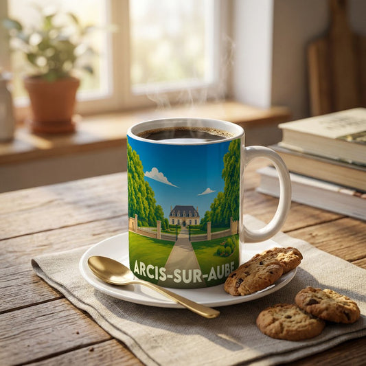 Mug souvenir de la ville d'Arcis-sur-Aube avec une illustration stylisée d'un château entouré de verdure.