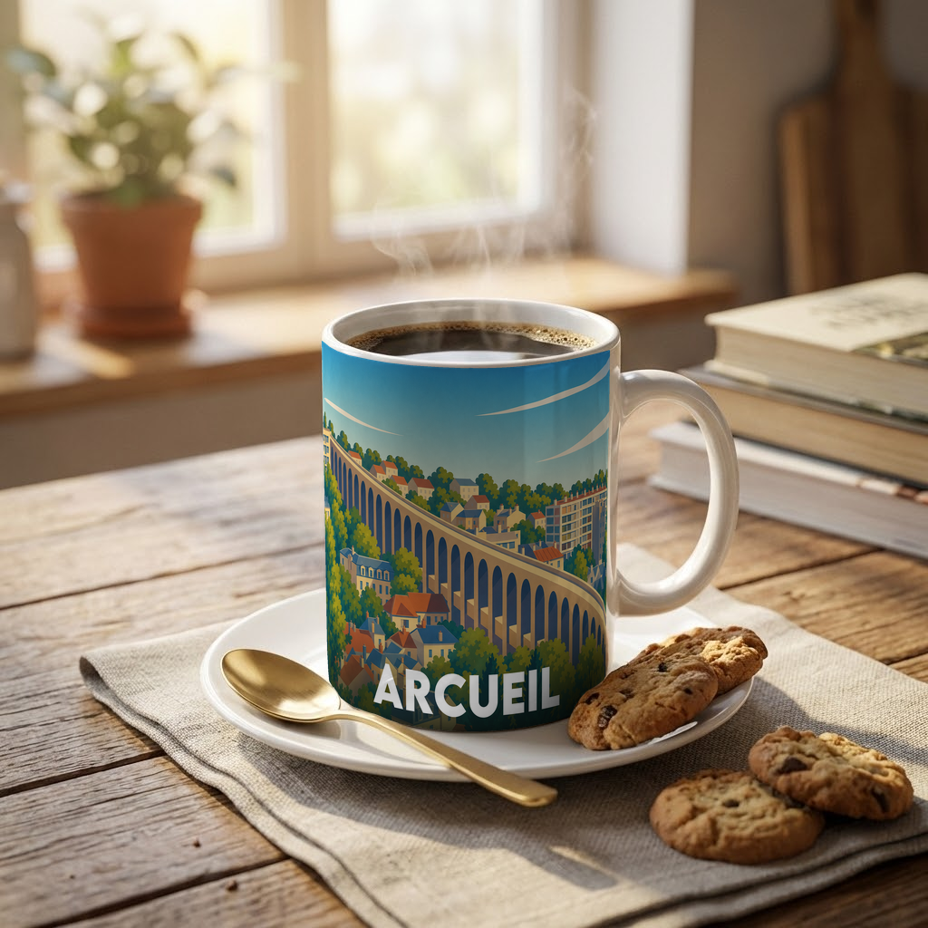 Mug souvenir de la ville d'Arcueil orné d'une illustration stylisée de son aqueduc historique.