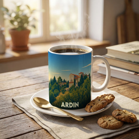 Mug souvenir de la ville d'Ardin orné d'une illustration stylisée de paysages et de bâtiments.