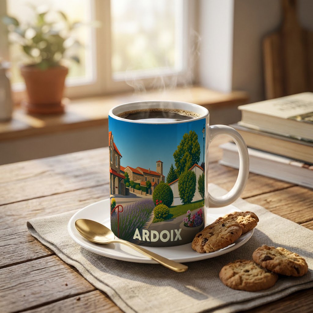 Mug souvenir de la ville d'Ardoix orné d'une illustration stylisée du village.