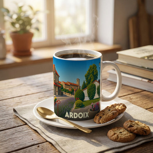 Mug souvenir de la ville d'Ardoix orné d'une illustration stylisée du village.