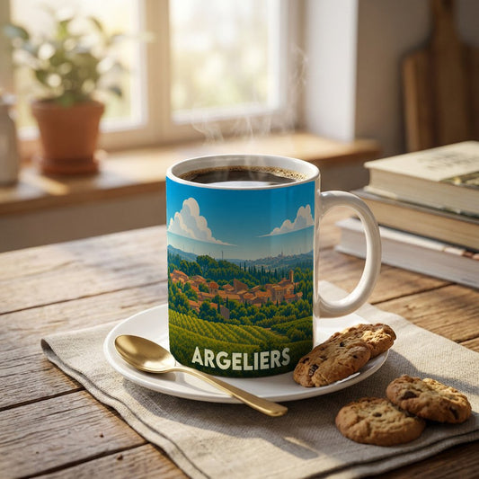 Mug souvenir de la ville d'Argeliers orné d'une illustration stylisée de son paysage vallonné.