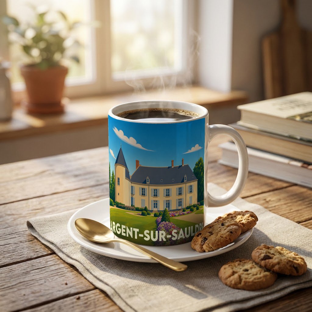 Mug souvenir de la ville d'Argent-sur-Sauldre orné d'une illustration stylisée de son château.