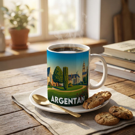 Mug souvenir de la ville d'Argentan avec une illustration stylisée d'un parc et de monuments historiques.