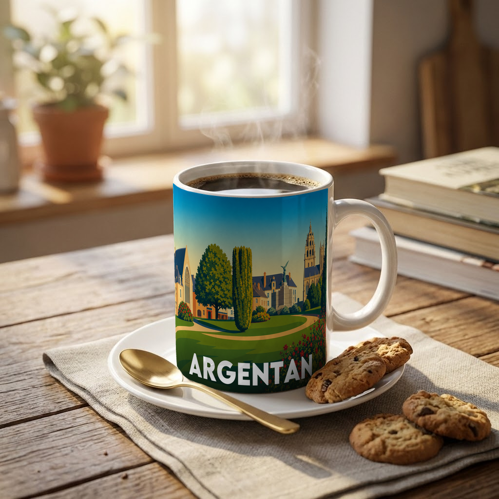 Mug souvenir de la ville d'Argentan avec une illustration stylisée d'un parc et de monuments historiques.