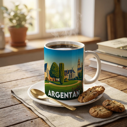 Mug souvenir de la ville d'Argentan avec une illustration stylisée d'un parc et de monuments historiques.