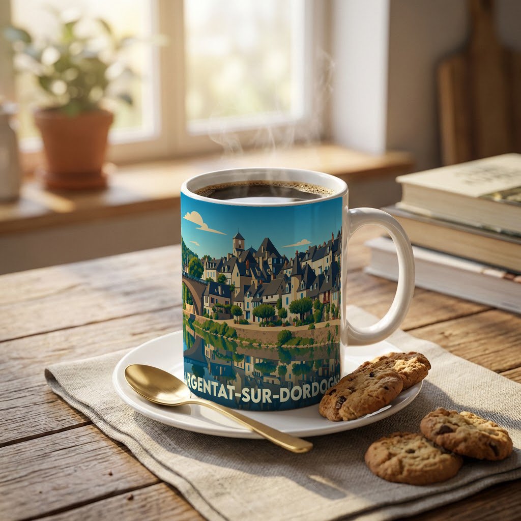 Mug souvenir de la ville d'Argentat-sur-Dordogne avec une illustration stylisée des quais et de la rivière.