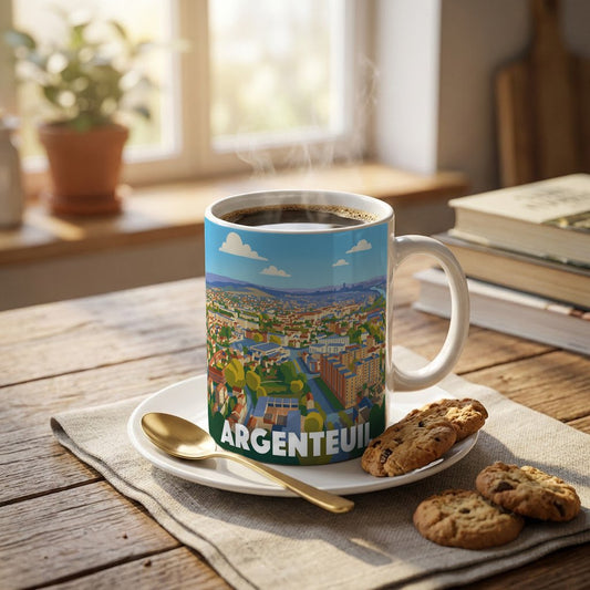 Mug souvenir de la ville d'Argenteuil avec une illustration stylisée du paysage urbain.