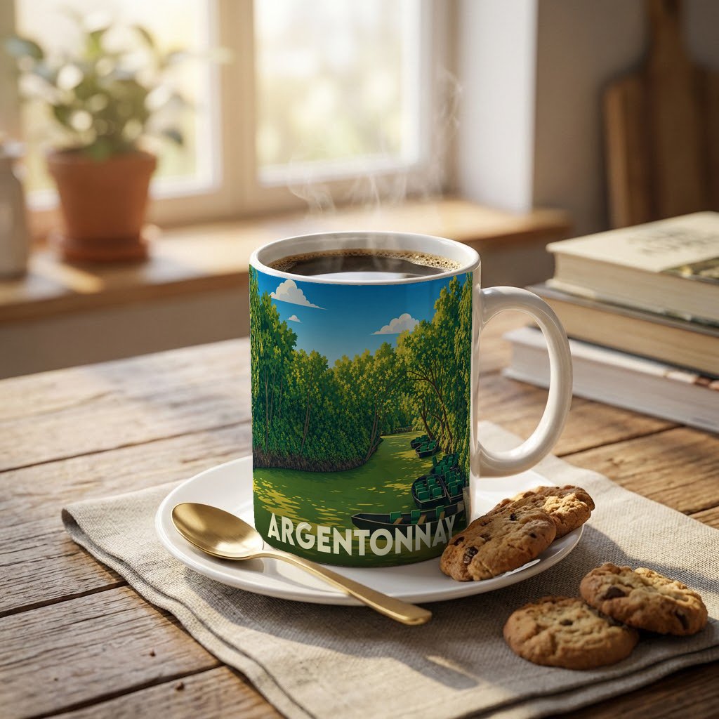 Mug souvenir de la ville d'Argentonnay orné d'une illustration stylisée de rivière boisée.