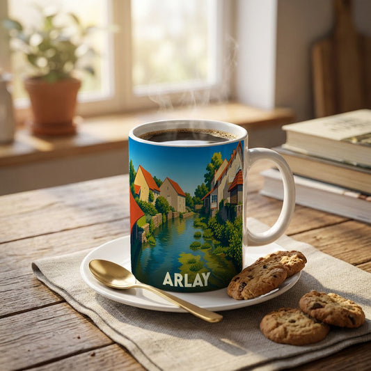 Mug souvenir de la ville d'Arlay orné d'une illustration stylisée d'un canal et de maisons traditionnelles.