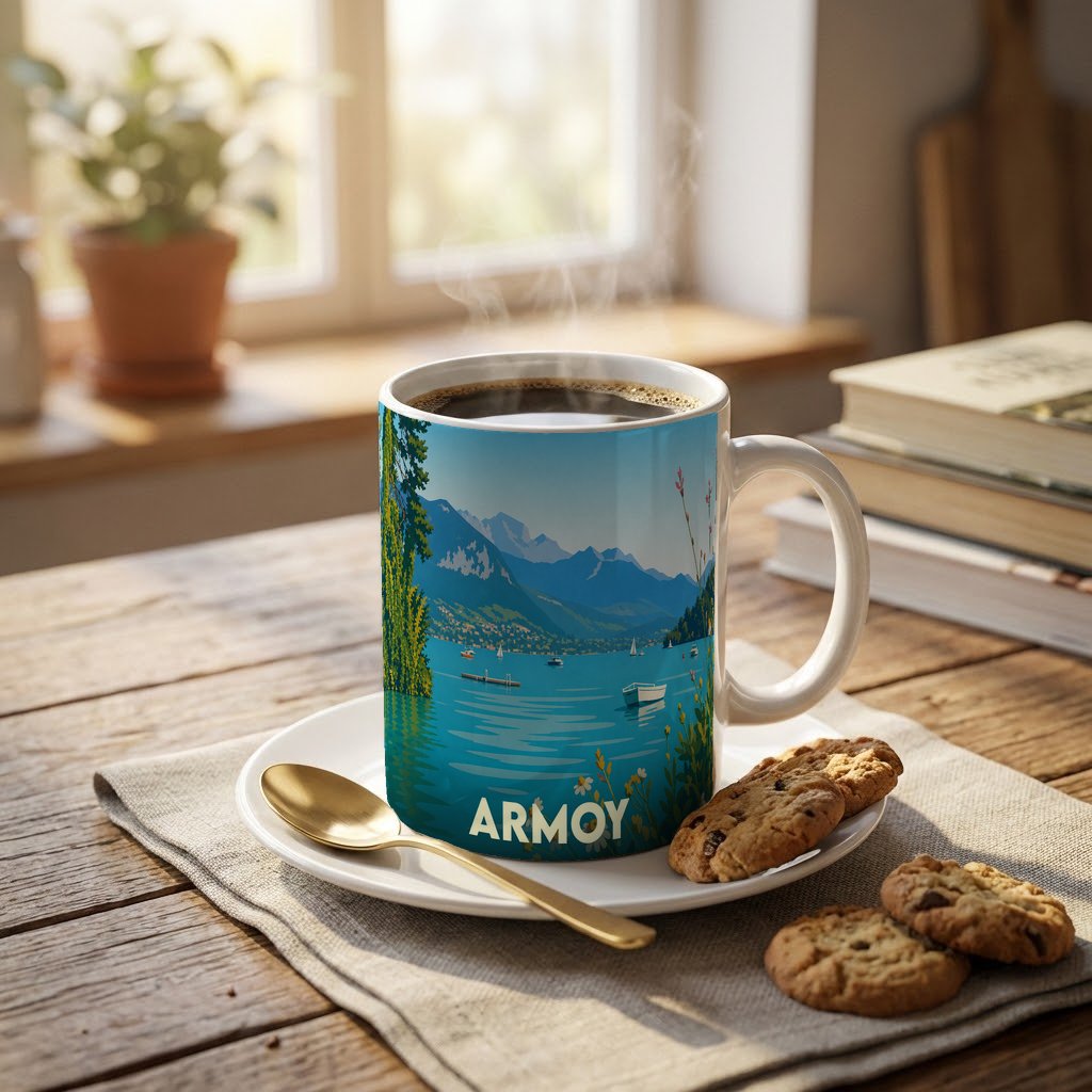 Mug souvenir de la ville d'Armoy orné d'une illustration stylisée de lac et de montagnes.
