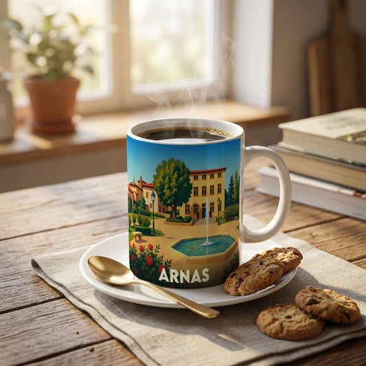Mug souvenir de la ville d'Arnas illustré d'une place ensoleillée avec une fontaine.