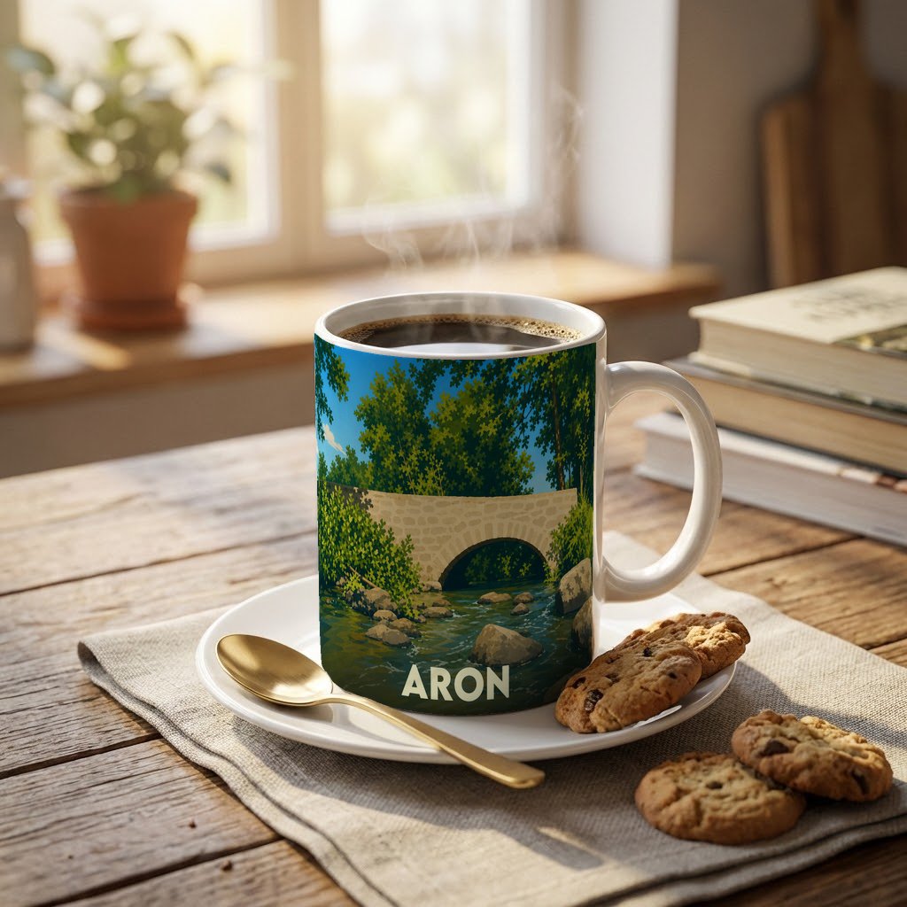 Mug souvenir de la ville d'Aron illustré d'un pont de pierre au-dessus d'une rivière boisée.