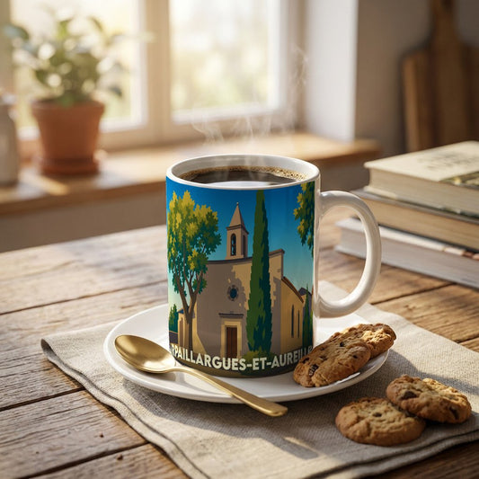Mug souvenir de la ville d'Arpaillargues-et-Aureillac avec une illustration stylisée de son église.