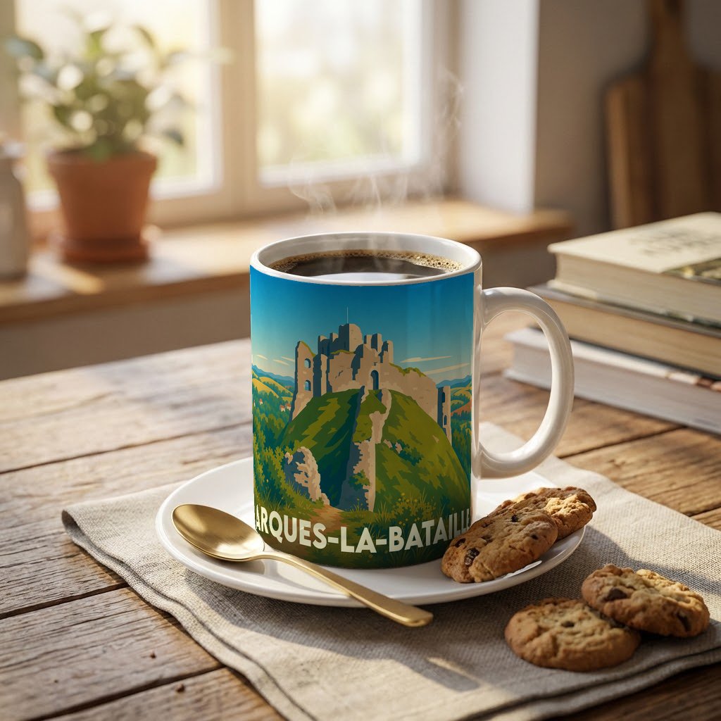 Mug souvenir de la ville d'Arques-la-Bataille illustré d'un château médiéval sur une colline verdoyante.