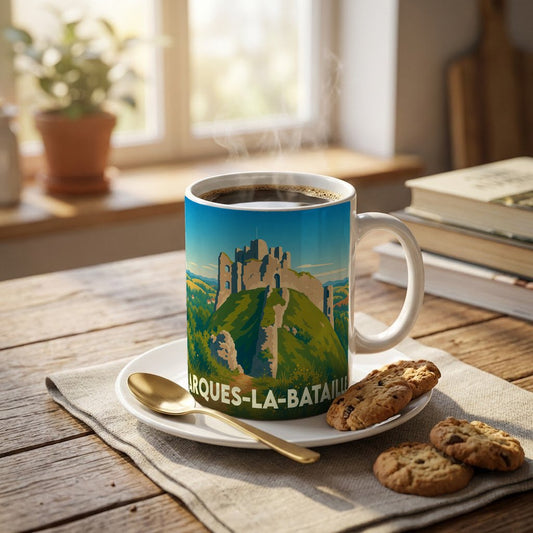 Mug souvenir de la ville d'Arques-la-Bataille illustré d'un château médiéval sur une colline verdoyante.