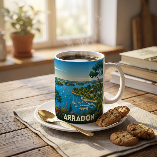 Mug souvenir de la ville d'Arradon orné d'une illustration stylisée du littoral breton.