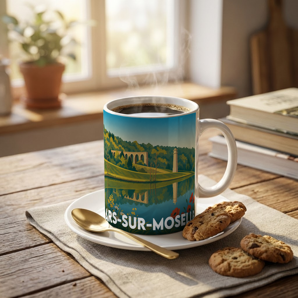 Mug souvenir de la ville d'Ars-sur-Moselle avec une illustration de paysage stylisée.