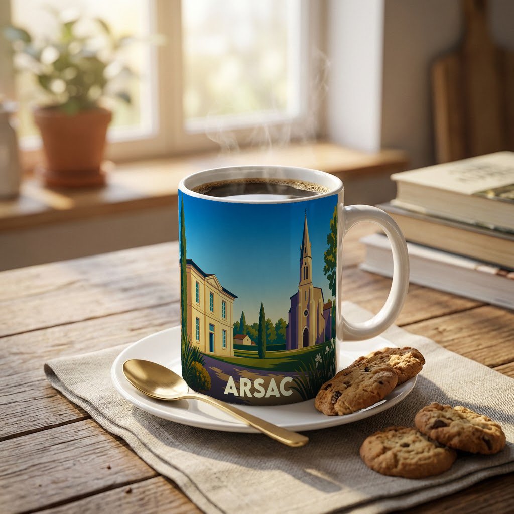 Mug souvenir de la ville d'Arsac avec une illustration stylisée représentant son église et un bâtiment historique.