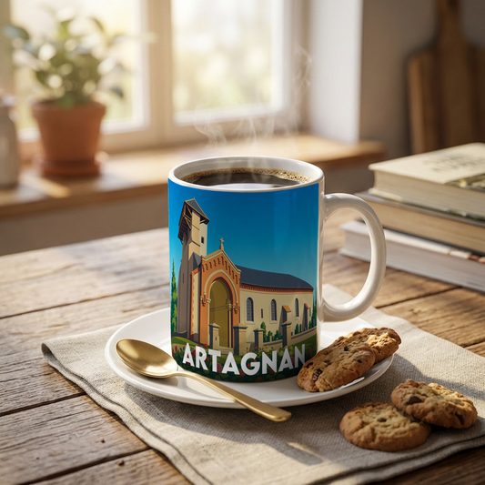 Mug souvenir de la ville d'Artagnan avec une illustration stylisée.