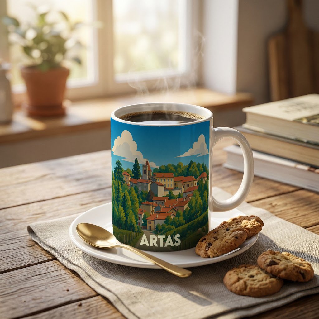 Mug souvenir de la ville d'Artas orné d'une illustration stylisée d'un village niché dans la verdure.