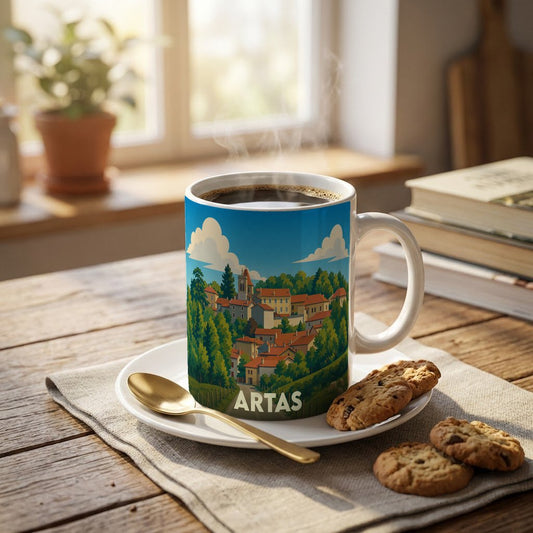 Mug souvenir de la ville d'Artas orné d'une illustration stylisée d'un village niché dans la verdure.