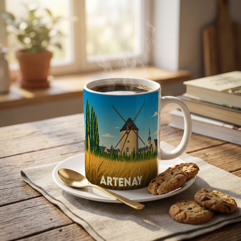 Mug souvenir de la ville d'Artenay illustré par un moulin au milieu d'un champ de blé.
