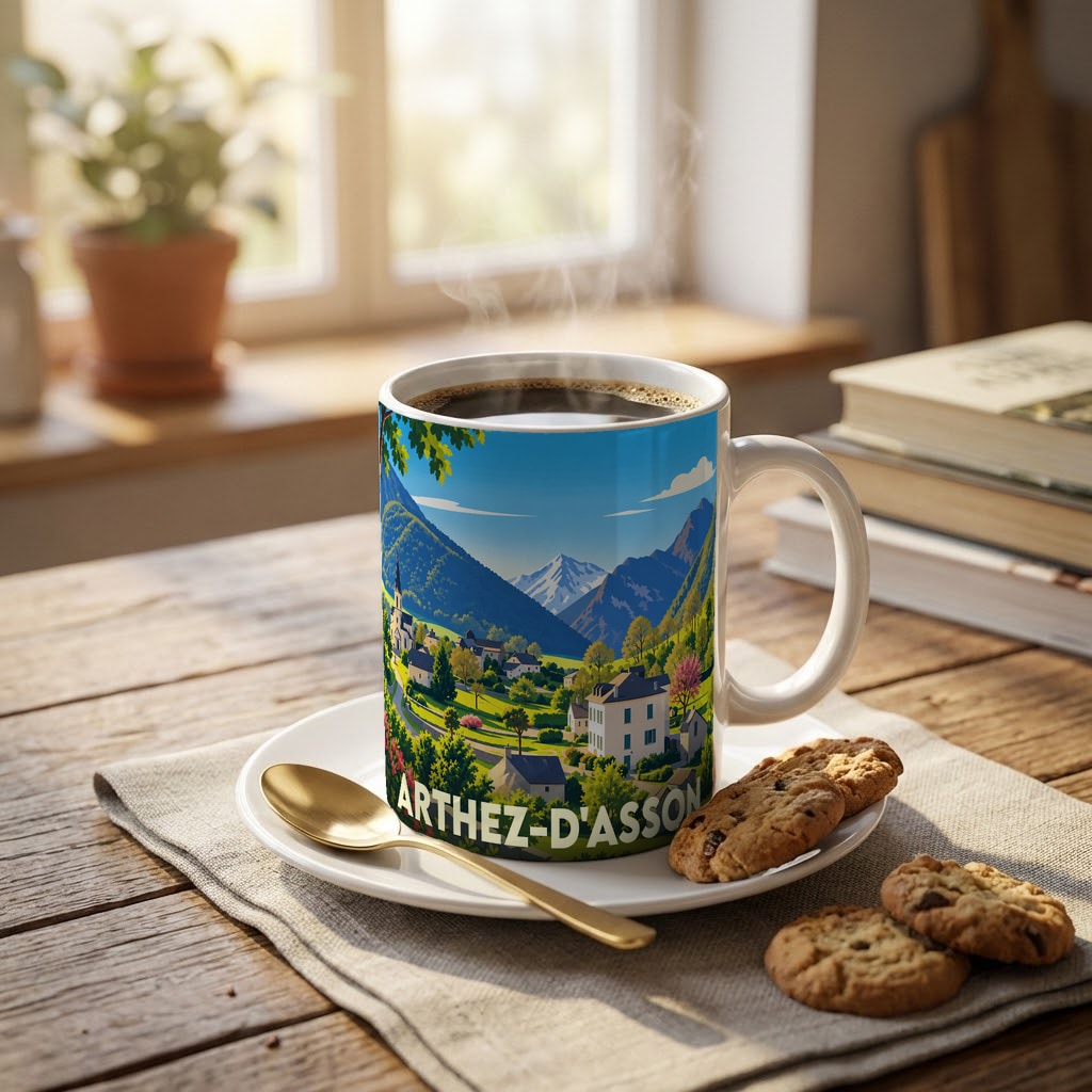 Mug souvenir de la ville d'Arthez-d'Asson illustré d'un paysage montagneux stylisé.