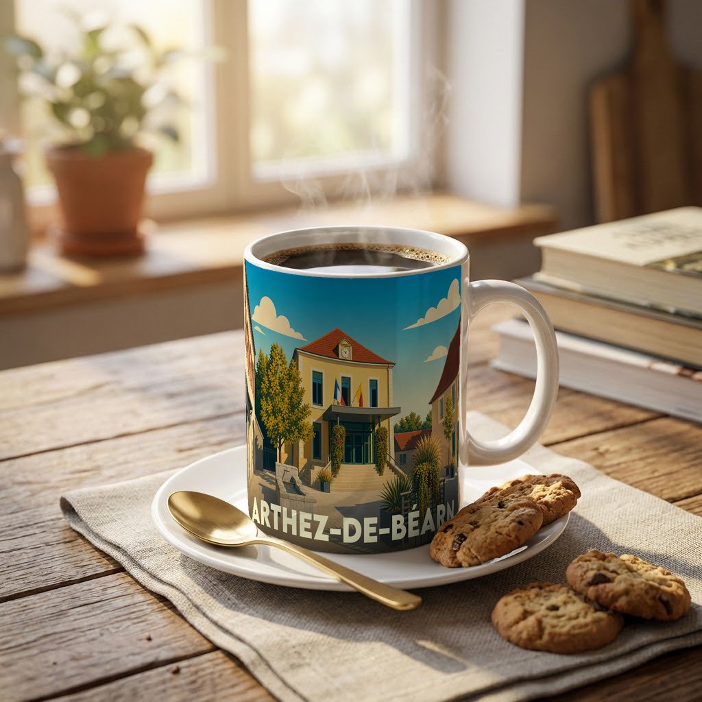 Mug souvenir de la ville d'Arthez-de-Béarn orné d'une illustration stylisée de sa mairie.