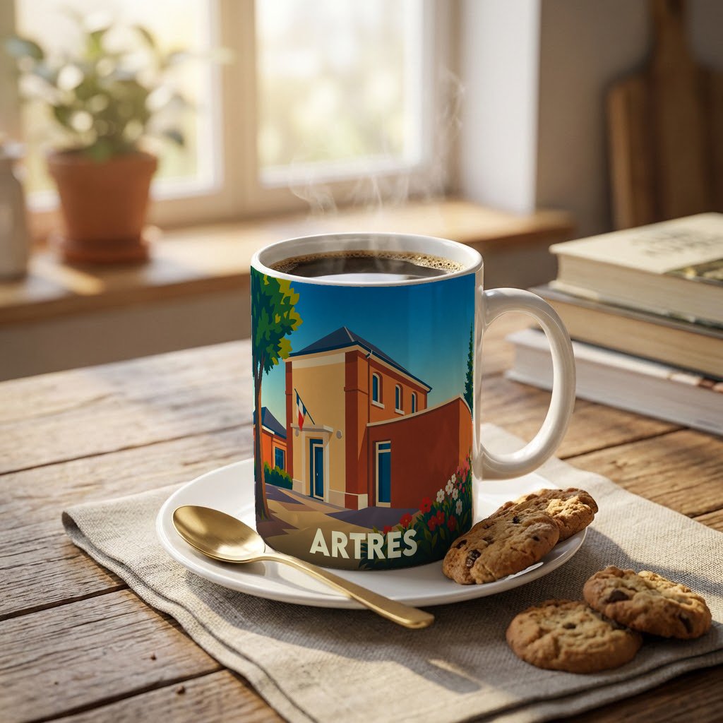 Mug souvenir de la ville d'Artres orné d'une illustration stylisée de sa mairie.
