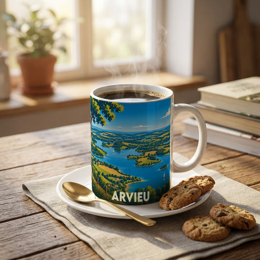Mug souvenir de la ville de Arvieu avec une illustration paysagère stylisée.