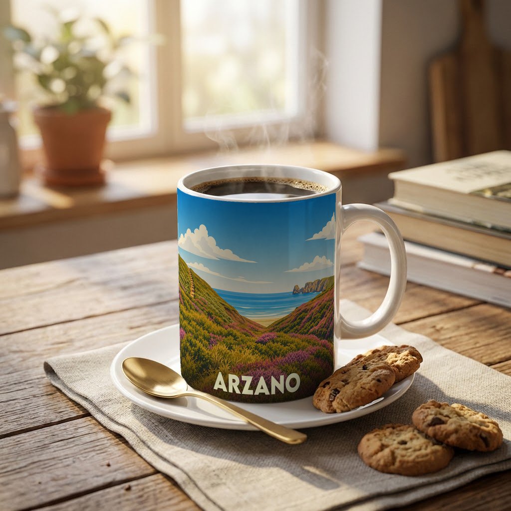 Mug souvenir de la ville d'Arzano avec une illustration stylisée d'un paysage côtier fleuri.