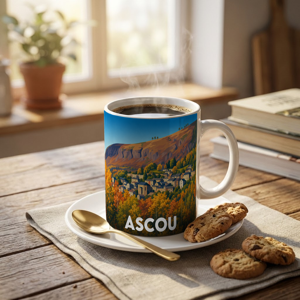 Mug souvenir de la ville d'Ascou avec une illustration stylisée d'un village de montagne en automne.
