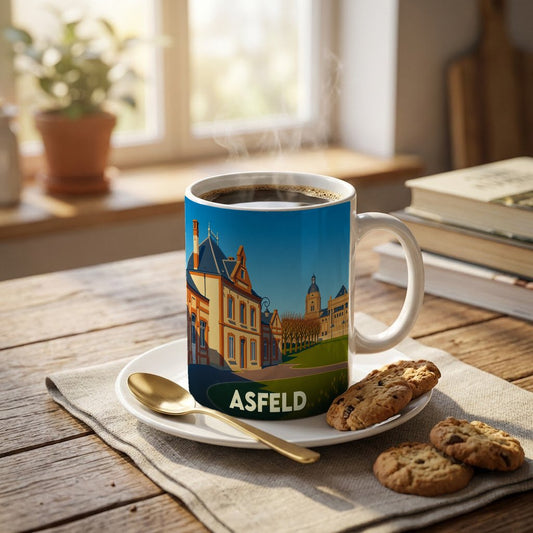 Mug souvenir de la ville d'Asfeld avec une illustration stylisée et colorée de ses monuments.