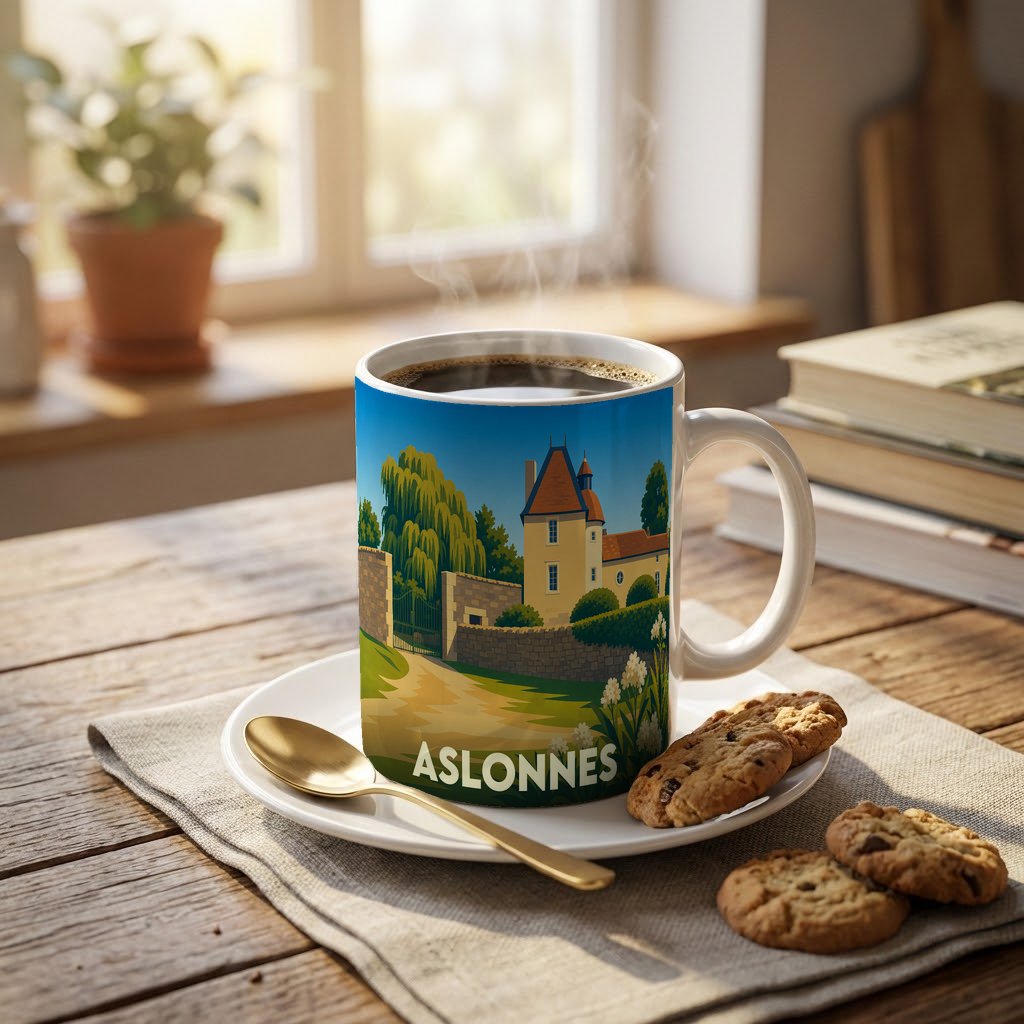 Mug souvenir de la ville d'Aslonnes orné d'une illustration stylisée représentant un château.